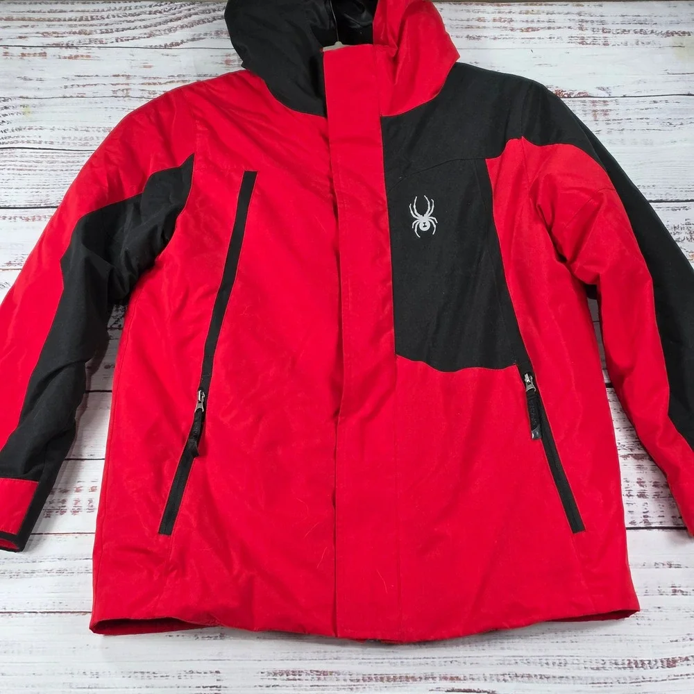 Spyder Ski Jacket Boys Medium 10/12 Red Excellent Insulated Hooded Winter Coat